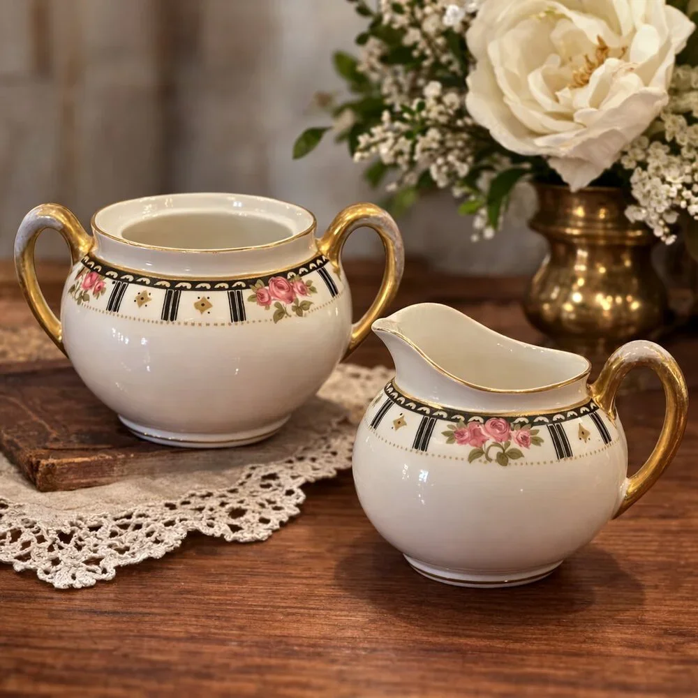 Vintage Cleveland China Sugar Bowl & creamer Bridal Rose Pattern Gold‎ & Crazing